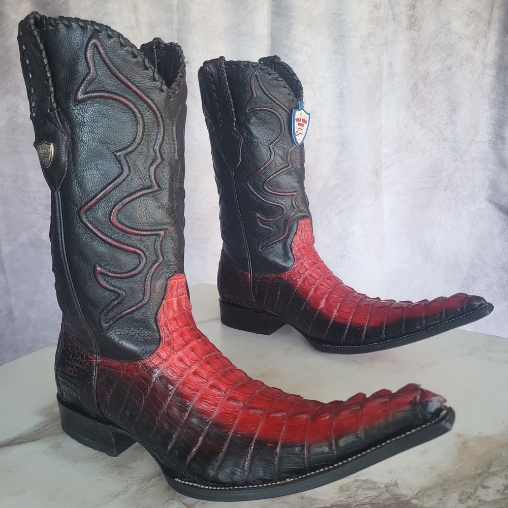 Wild West Genuine Alligator Boots Black Red Men's Size 8.5 Elongated Snip Toe